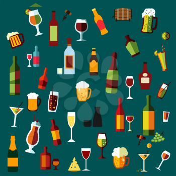 Flat alcohol beverages and cocktails icons of wine bottles, champagne, martini, beer, whisky, brandy and vodka, cocktail and wine glasses, beer mugs with some light snacks and corkscrews on dark turqu