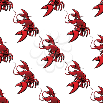 Seamless pattern of dancing happy smiling red lobsters or crayfish cartoon characters on white background