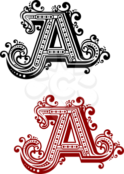 Vintage capital letter A in red and black color variations with decorative flourishes in victorian style, isolated on white background, for monogram or font design