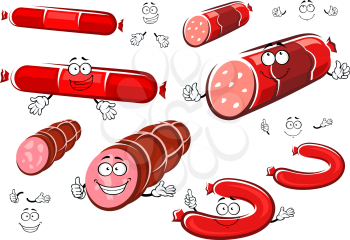 Funny cartoon smoked meat sausages, ham, wurst and salami isolated on white background