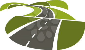 Summer road abstract icon with asphalt highway running through green hills. Isolated on white background, for transportation design