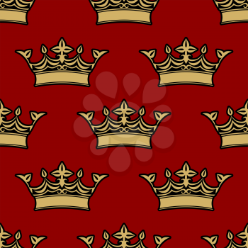Gold victorian crowns seamless pattern with floral fleur de lis decorative elements on red background
