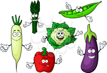 Fresh garden cartoon characters with bell pepper, eggplant, cauliflower, green pea pod, asparagus and daikon vegetables, for agriculture or healthy vegetarian food design