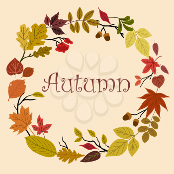 Autumn foliage wreath with various colorful leaves, twigs with acorns and bunch of rowanberry with text Autumn
