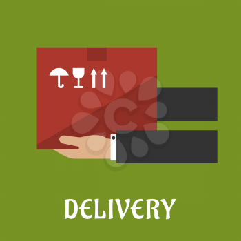 Delivery concept with hands carrying cardboard box, for logistics or shipping design. Flat style