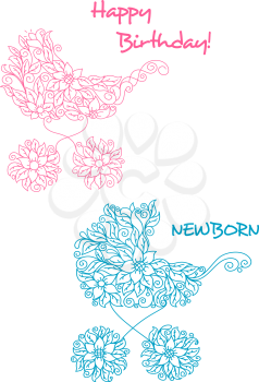 Floral baby strollers for girl and boy in pink and blue colors, adorned by stylized flowers and lush foliage curly ornament