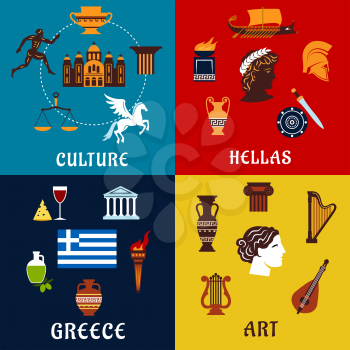 Culture, art and history icons of Greece with traditional symbols such as national flag, olives , amphoras, temples, lyres, torches, mythological heroes, sport games, theatre. Flat style