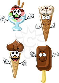 Vanilla chocolate ice cream cones, stick and fruity flavored ice cream sundae cartoon characters with waffle tubes, sauce and glaze. Isolated on white background