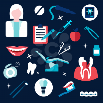 Health and dentistry flat icons with dentist, dental instruments, broken tooth cross section and x-ray, syringe, chair, braces, floss, implant, medication, smile, toothbrush and clipboard