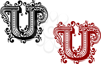 Ornamental capital letter U in vintage engraving style, decorated by curly flourishes in black and red