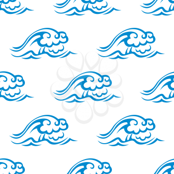 Seamless pattern of sea waves with blue surf and water on white background, for wallpaper or textile design