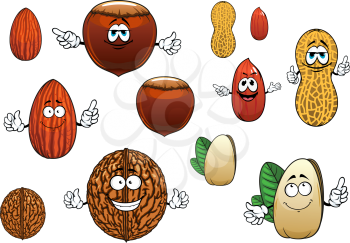 Tasty whole and peeled almond, pistachio, peanutsand walnut cartoon characters with and whithout faces isolated on white