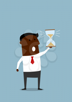 Black businessman looking at hourglass at the end of countdown and worrying about deadline terms. Cartoon flat style image, for time management or deadline business concept design