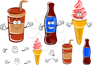 Cartoon funny takeaway paper cup with drinking straw and glass bottle of soda drinks and strawberry ice cream in waffle cone characters