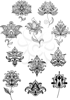 Persian and indian stylized paisley flowers in outline style adorned by wavy lines, curlicues and ornamental elements. For interior accessories or lace embellishment design