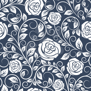 Seamless pattern of white roses on blue background in retro style, for textile or decoration design