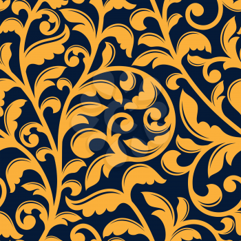 Baroque stylized floral seamless pattern of yellow twisted branches with shaped leaves on dark blue background, for luxury or textile design