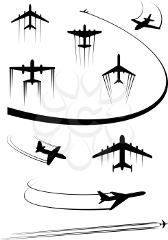Airplanes black icons with flying airliners and cargo planes with traces, isolated on white background. For transportation or travel design
