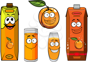 Funny cartoon apricot fruit with bright juice packs and filled glasses, with happy smiling faces. For food pack design