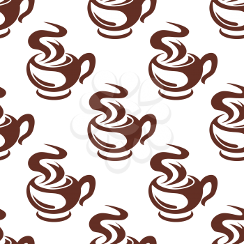 Coffee seamless pattern in retro style with bold brown outlines of steaming cups, for cafe or menu design