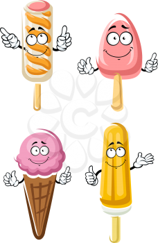 Funny fruity ice cream on sticks, berry ice cream scoop in waffle cone and orange popsicle cartoon characters, for dessert or snack design