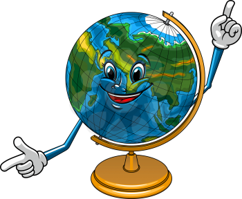 Desk globe cartoon character with yellow stand and happy smiling face, for education or school design