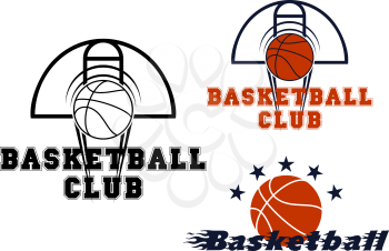 Basketball sport emblems with stars and flying ball with motion trails over basketball court 