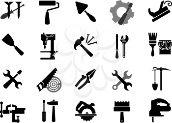Black icons of of screwdrivers, wrench, paint roller and brush, trowel, jack plane, hammer, pliers, saw, rasp, drill press, pickaxe, shovel, vice, miter saw, spatulas, fretsaw