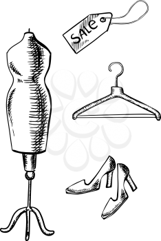 Pair of elegant shoes on high heels, sale label, wooden hanger and mannequin in sketch style, for shopping or fashion design