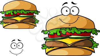 Fast food cheeseburger cartoon character with meat, cheddar, onions, tomatoes, lettuce leaves. For takeaway food menu design