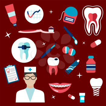 Dentistry flat icons with dentist, healthy tooth cross section, carious tooth, implant, dental mirror and probe, pills, toothbrush and paste, floss, braces, medication