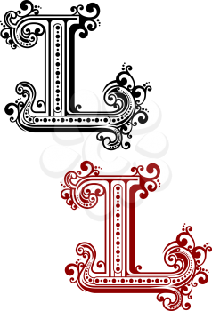 Gothic capital letter L with vintage ornamental curlicues and calligraphic decorative elements, for monogram or font design