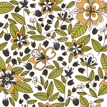 Floral seamless pattern with ornate stylized flowers with leaves interspersed with fresh blackberries, square format for print and textile design