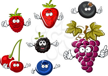 Assorted fresh cartoon berries characters with happy smiles including a strawberry, raspberry, blueberry, cherry, blackberry, black currant and bunch of grapes