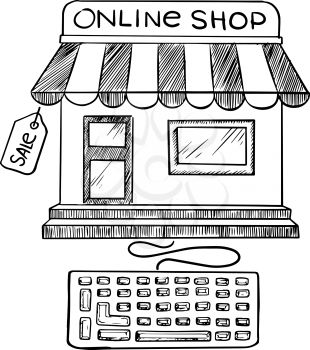 Online shopping and store icon with a black and white sketch of a computer keyboard connected to an online shop front with a sale notice