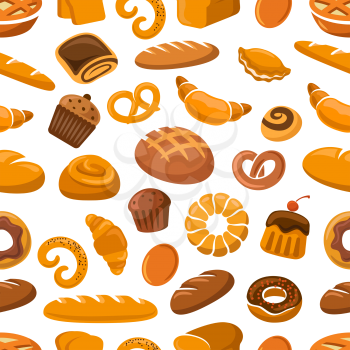 Bakery and pastry seamless pattern with bread, loaf, cake, bun, pretzel, croissant and donut