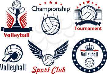 Volleyball tournament and sport club emblems design with ball, net, trophy cup, ribbons, wings, stars and crown
