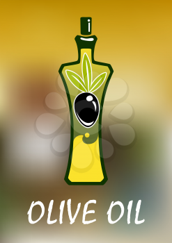 Olive oil bottle with elegant curved sides, golden oil splash on the bottom and black olive fruit over blurred background for healthy food or agriculture design