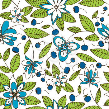 Blooming blueberry meadow seamless pattern with stylized white and blue flowers, dark purple berries and evergreen foliage for retro wallpaper or fabric design