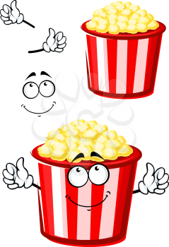 Takeaway sweet popcorn cartoon character in traditional red and white paper bucket with pensive smile, for fast food or leisure theme design
