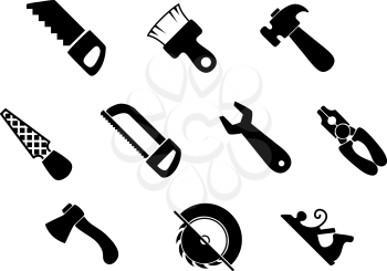 Hand tools icons with claw hammer, wrench, pliers, axe, paintbrush, hand saw, flat rasp, hacksaw and jack plane
