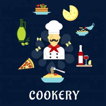 Italian cuisine flat icons with moustached chef in white uniform and hat among pizza, pasta and lasagna with vegetables, cheese, olive oil, red wine and farfalle pasta bow ties
