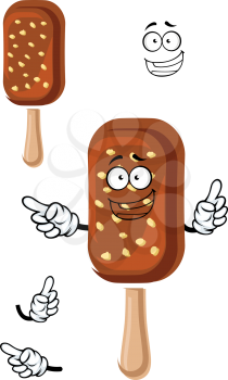 Ice cream on stick cartoon character covered with milk chocolate and nuts for food or dessert design