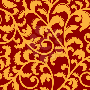 Seamless pattern with yellow flourishes in baroque style on red background. For background, interior or fabric design 