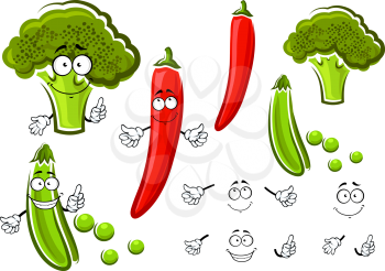 Green pea pod, broccoli and red chilli pepper vegetables cartoon characters with smiling faces. For vegetarian food or agriculture theme