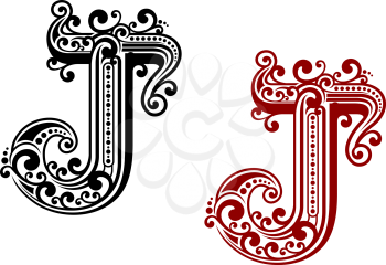 Vintage red and black capital letter J in medieval monogram style, adorned by intricate twisty lines, curlicues and calligraphic decorative elements