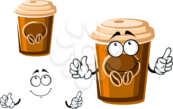 Cartoon brown takeaway coffee cup character with lid, decorated by coffee beans. For coffee shop or fast food menu