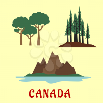Canadian nature and landscape flat icons with coniferous and deciduous forest and rocky mountains