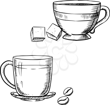 Elegant porcelain and glass cups of coffee and tea with sugar cubes and roasted coffee beans, isolated on white background, outline sketch style 