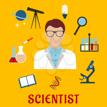 Scientist profession flat icons with man in glasses among laboratory flasks and tubes, book and microscope, model of DNA, energy saving lamp, telescope with planet and stars, magnifying glass